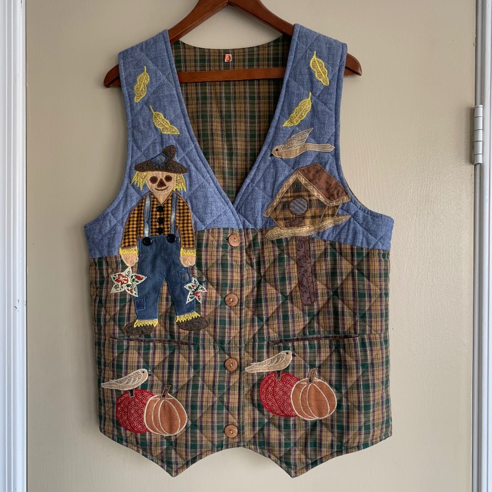 Patch Magic Quilted Patchwork Appliqué Vest Sz.S Reversible Wooden Buttons